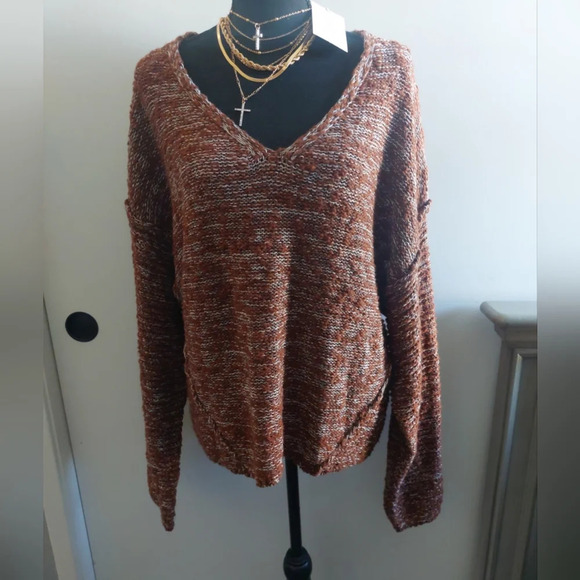 Women's crocheted knit dropped shoulder slouchy Heathered brown size Large - Picture 1 of 8